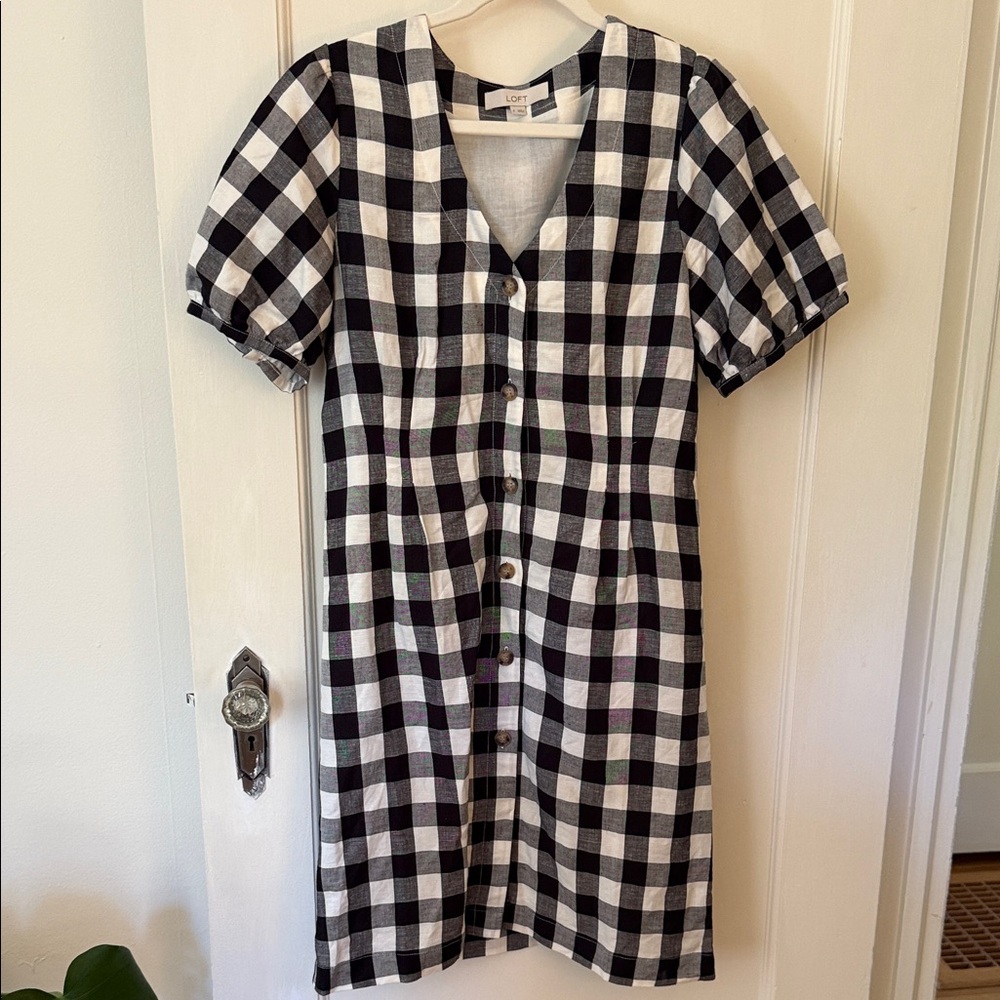 LOFT Black and Cream Gingham Linen Blend Dress 6